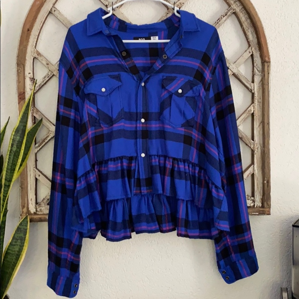 BDG - Plaid Flannel Ruffle Bottom Blue - medium